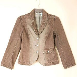 Jeanology Brown Denim Sequin Jacket 10 Distressed Blazer Front Pockets